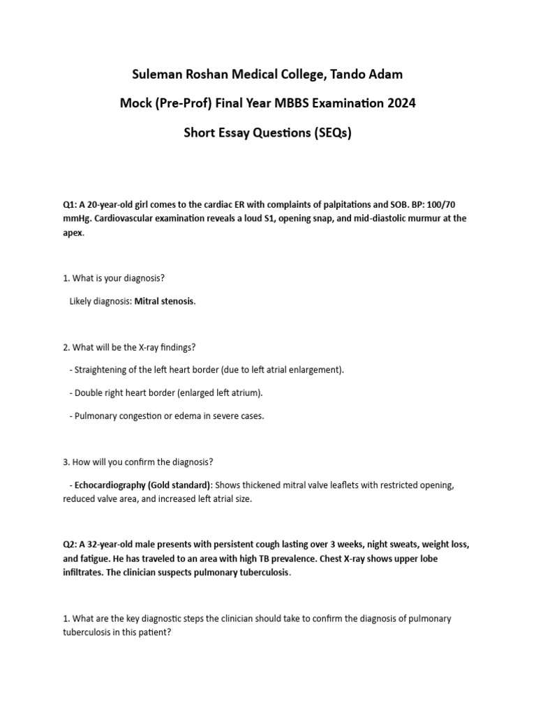 MBBS Final Year Mock Exam SEQs 2024 | PDF | Medicine | Causes Of Death