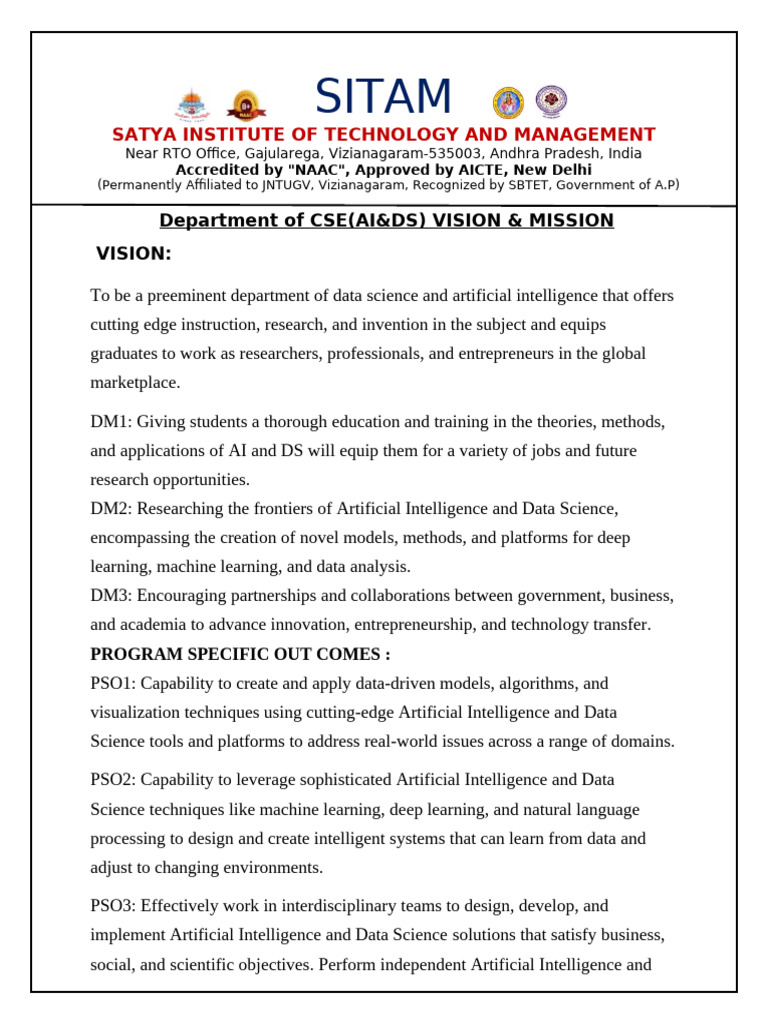 Vision & Mission Dept of Cse (Ai&ds) | PDF | Engineering | Artificial ...