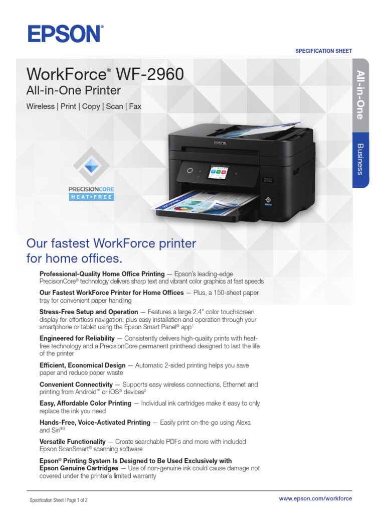WorkForce WF-2960 Printer Specification Sheet CPD-62070R1 PDF | PDF ...