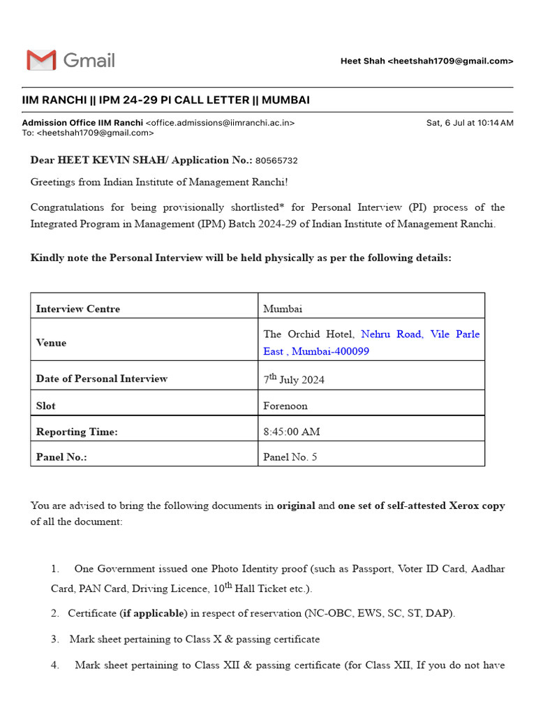 IIM Ranchi IPM 2024 PI Call Letter | PDF | Government And Personhood ...