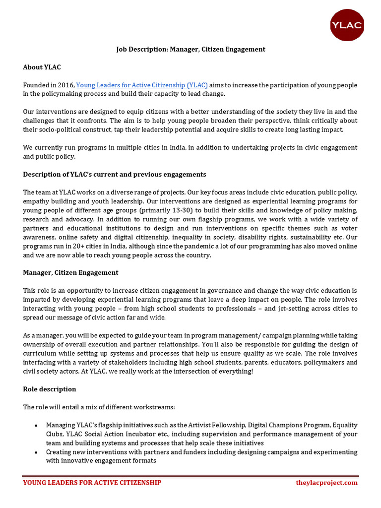 JD Manager Citizen Engagement YLAC | PDF | Civic Engagement | Citizenship