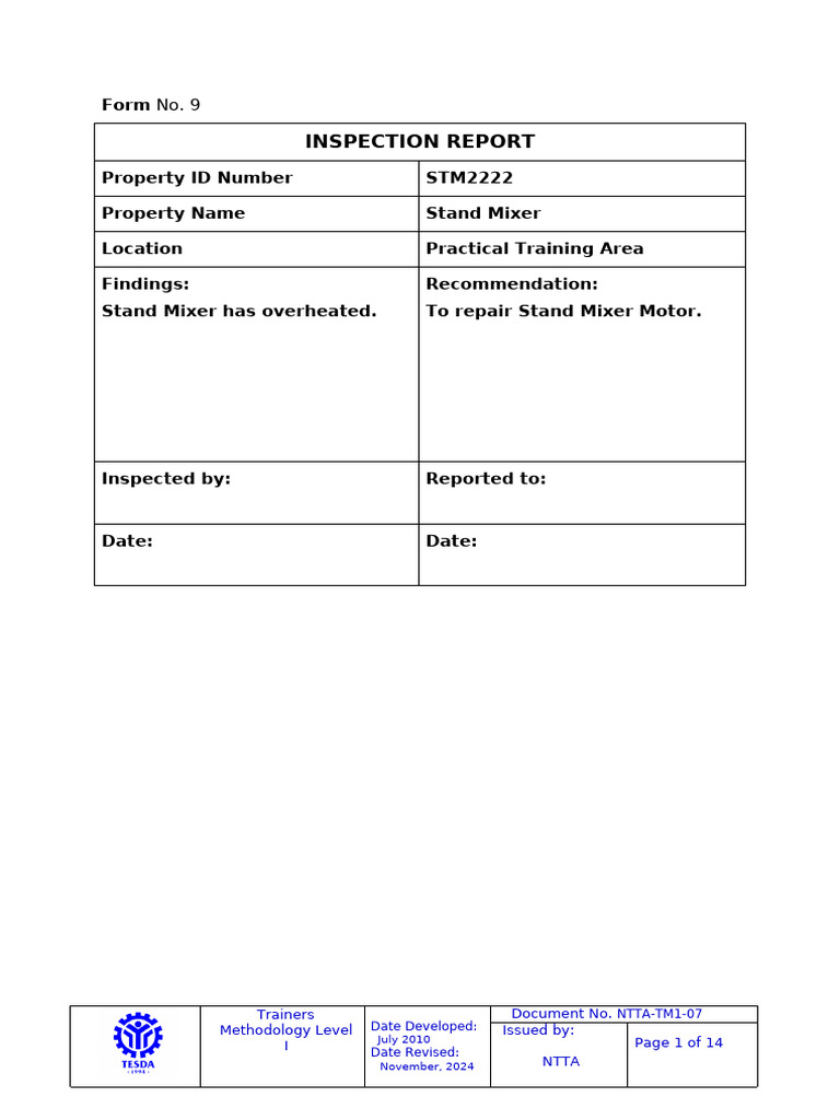 Stand Mixer Inspection Report Summary | PDF
