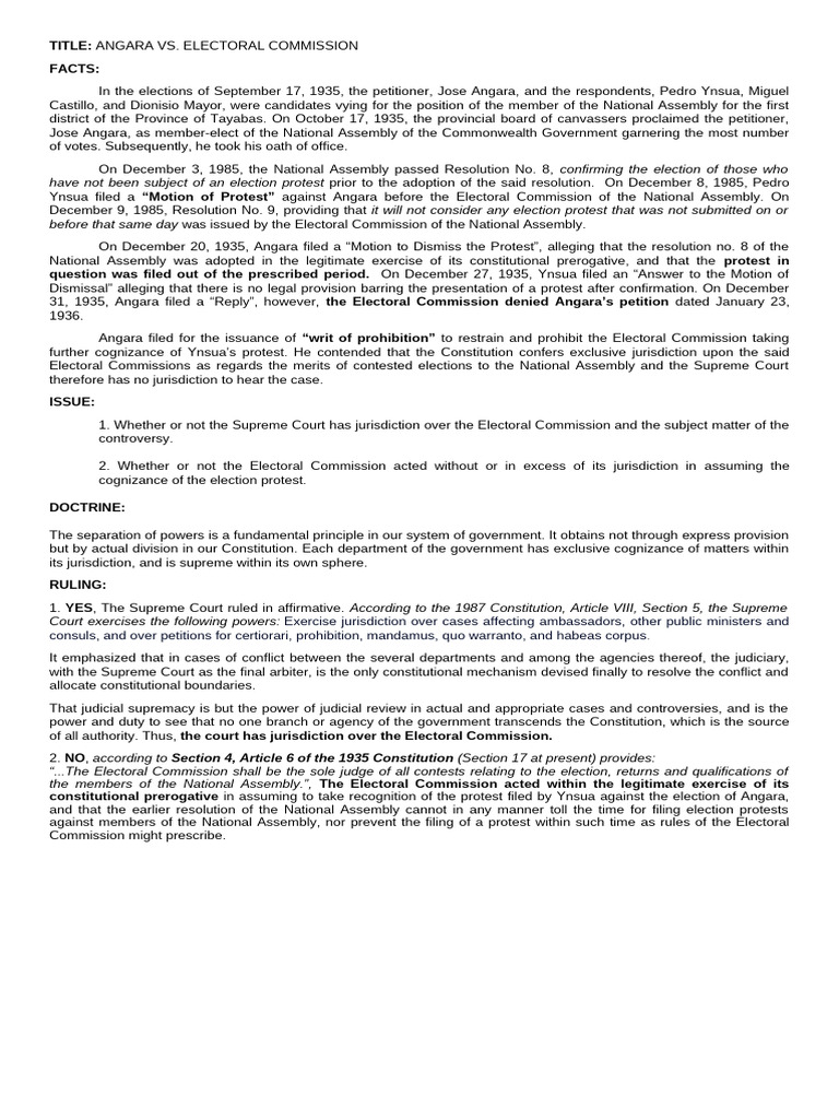 Angara vs. Electoral Commission Case Digest | PDF | Jurisdiction ...