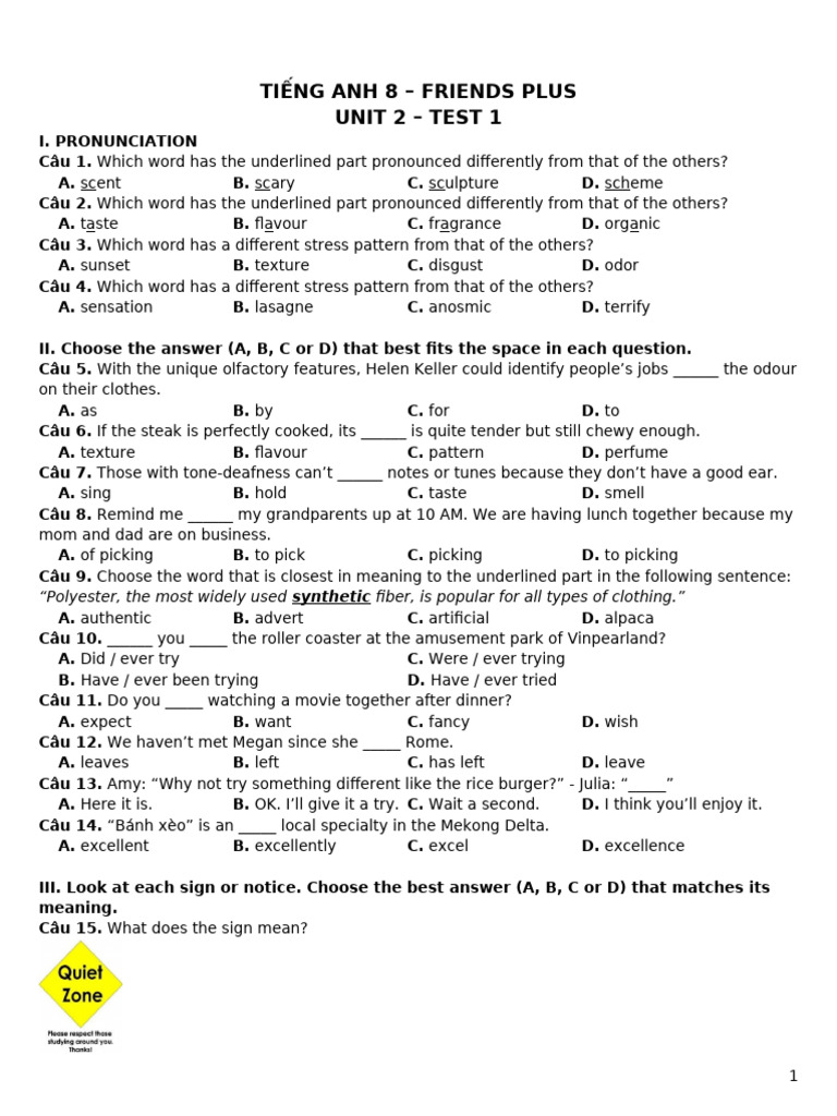 Tieng Anh 8 Friends Plus - Unit 2 - Test 1 | PDF | Odor | Perception