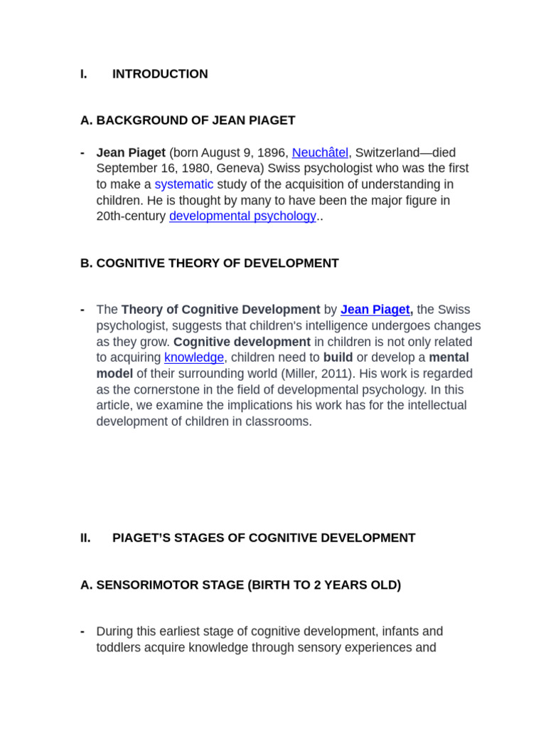 Piaget's Cognitive Development Theory | PDF | Schema (Psychology ...