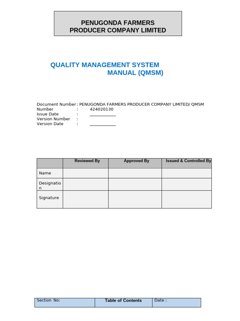 QMS Manual for Penugonda Farmers | PDF | Audit | Internal Audit