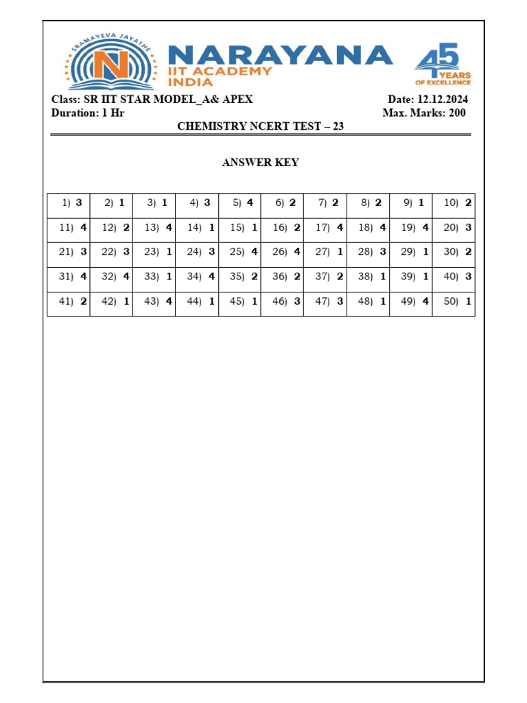 Chemistry NCERT Test 23 Answer Key | PDF