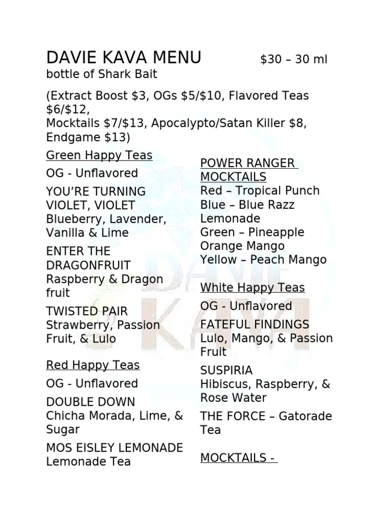 Davie Kava Drink Menu Overview | PDF | Non Alcoholic Drinks | Drink