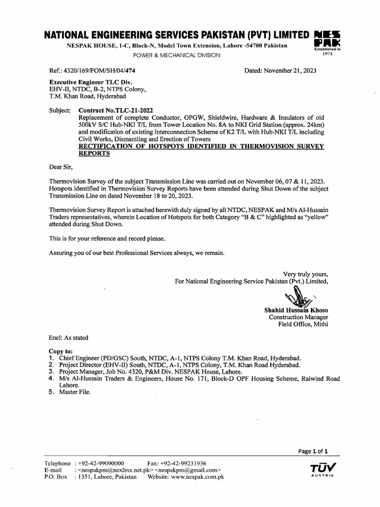 Letter No. 474 - XEN NTDC - Rectification of Hotspots Identifie | PDF