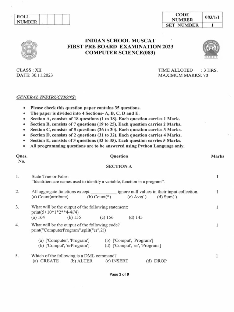 12 CS 2023-24 QP PB ISM Set123 | PDF | Parameter (Computer Programming ...