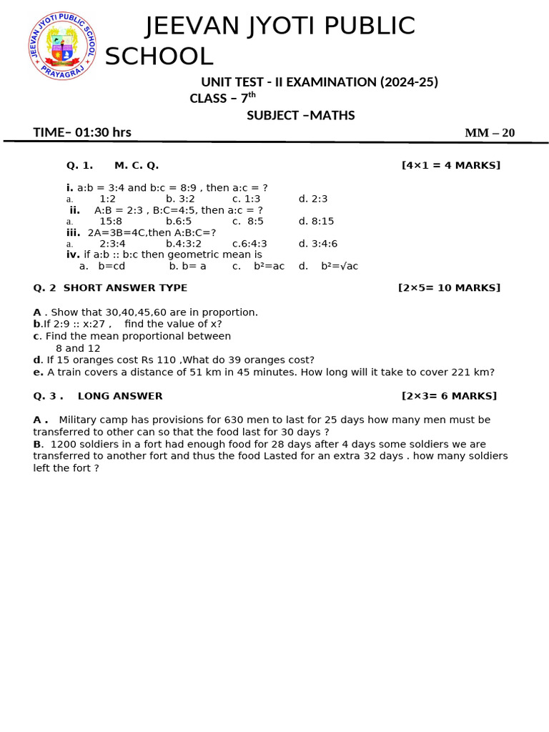 Class 7 Maths Unit Test II 2024-25 | PDF