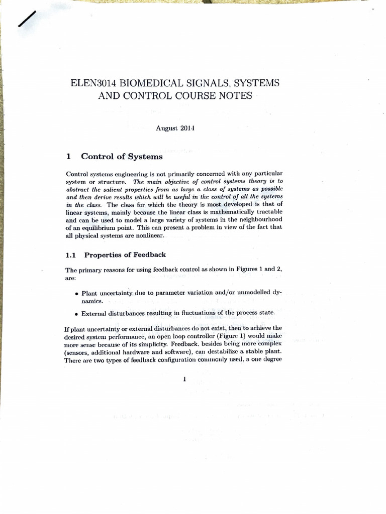 Biomed Signals, Systems and Control Notes | PDF