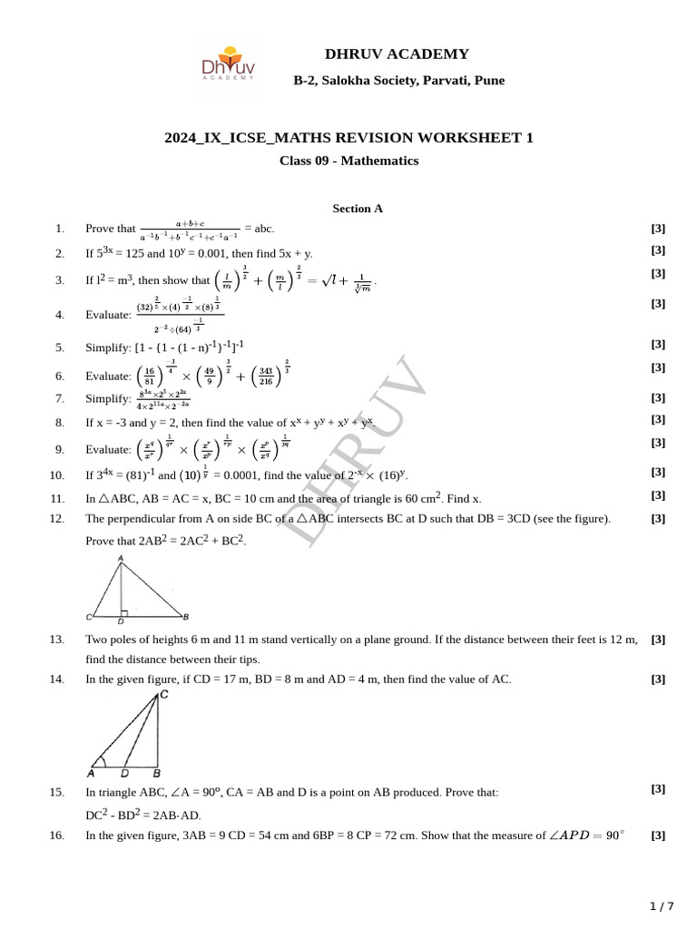 2024 - IX - ICSE - Maths Revision Worksheet 1 | PDF | Trigonometric ...