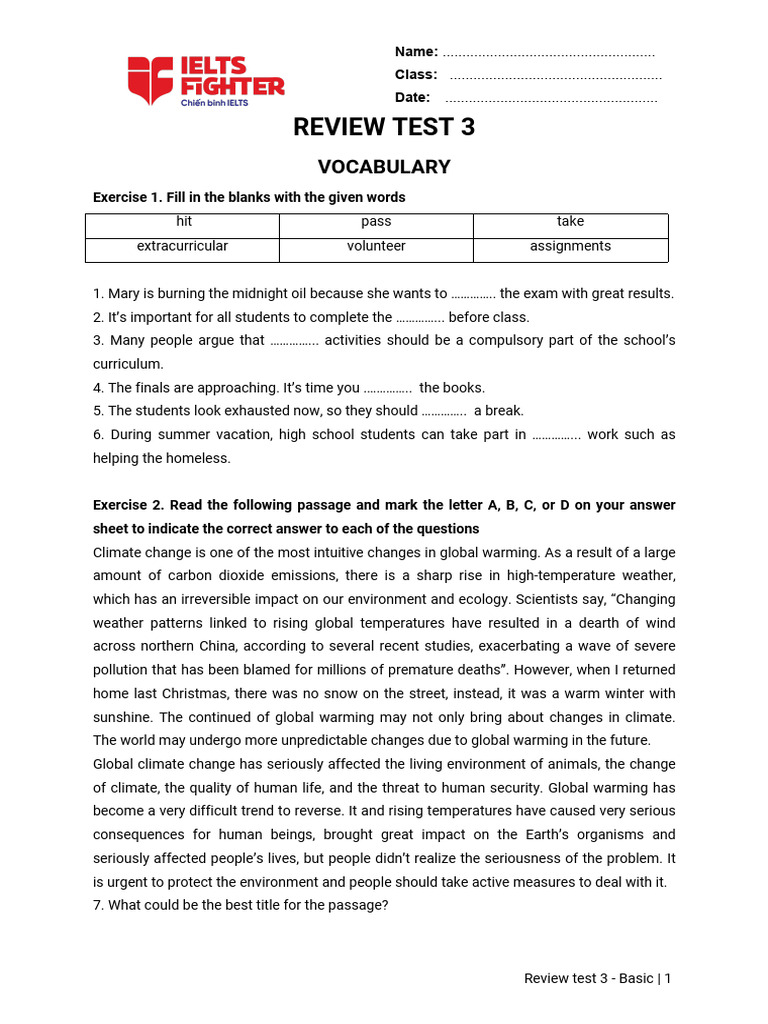 Review Test 3: Vocabulary and Grammar | PDF | Climate Change | Natural ...