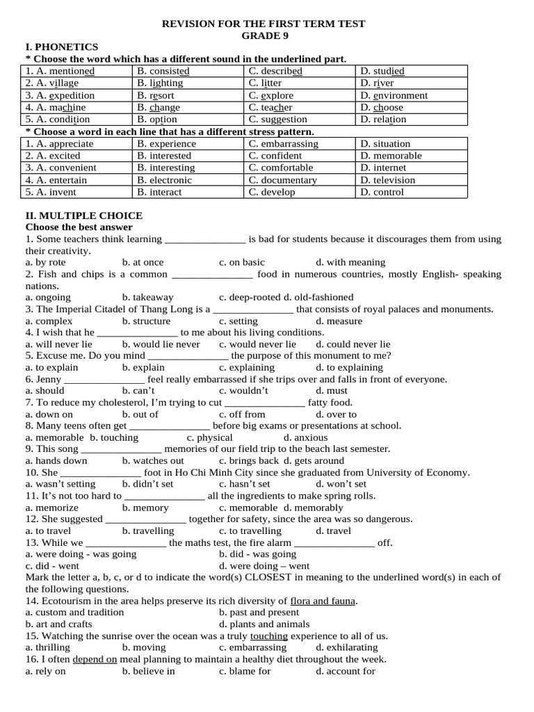 Grade 9 Term Test Revision Guide | PDF