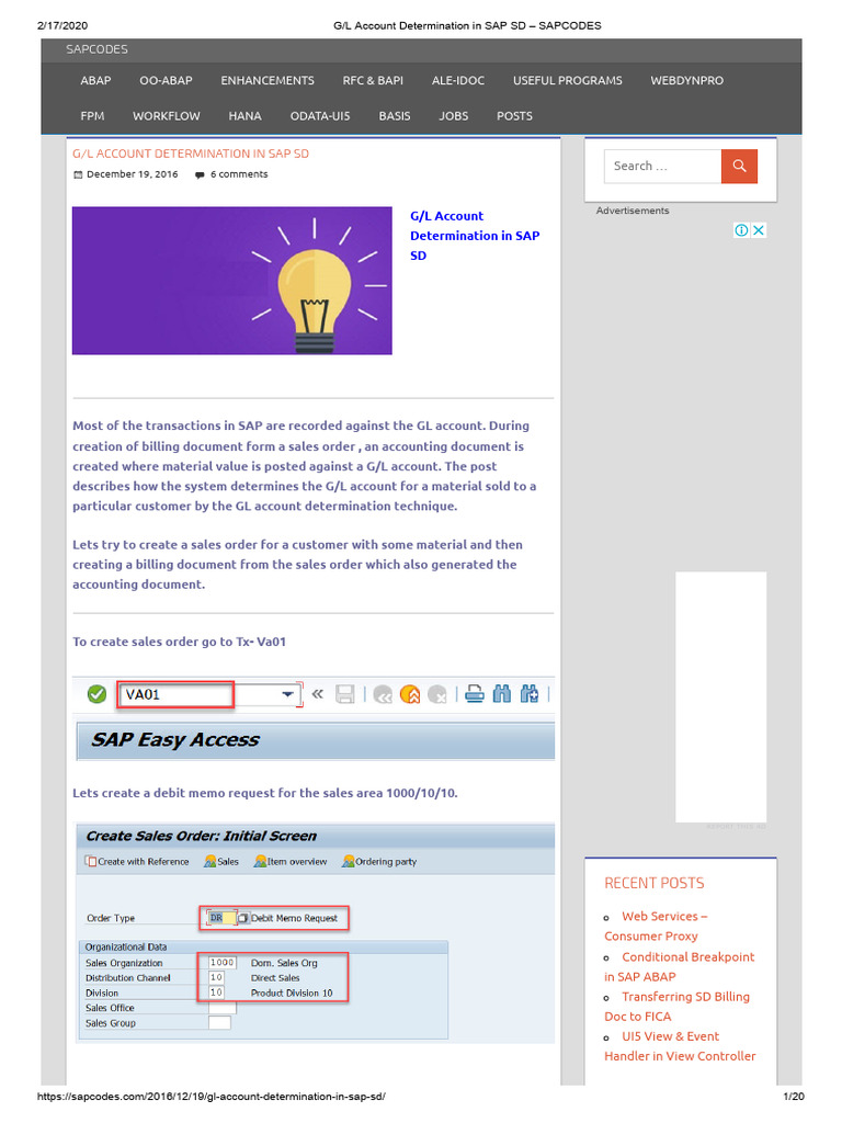 G L Account Determination In Sap Sd Sapcodes Pdf Invoice