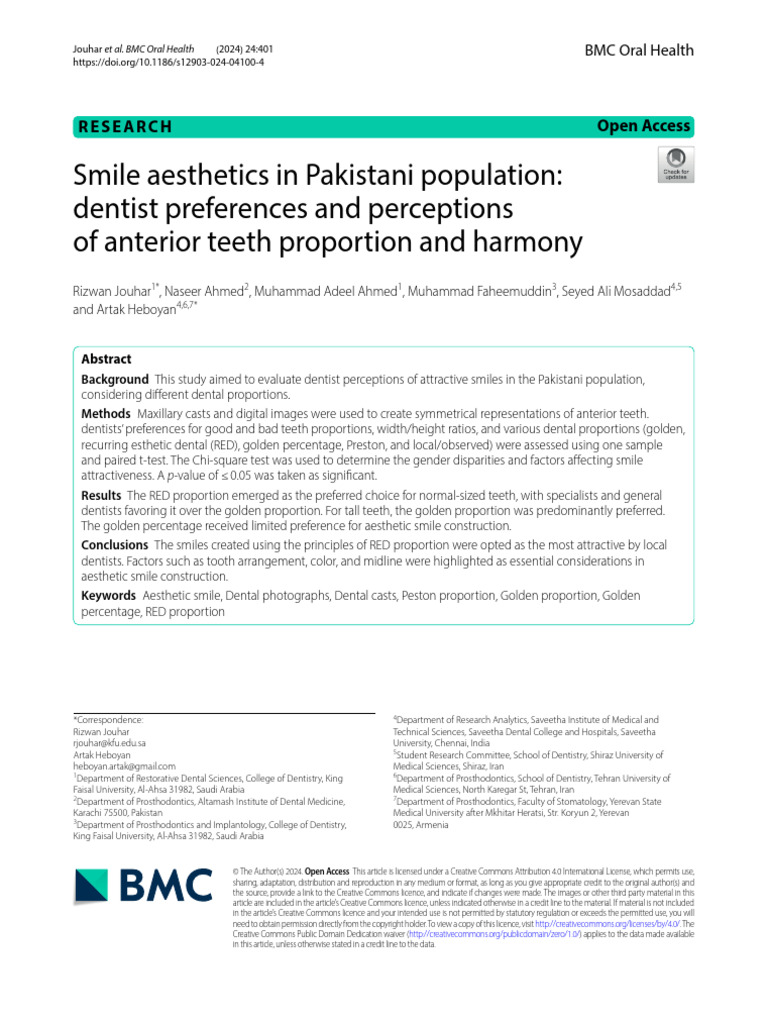 Smile Esthetics in Pakistani Population 2024 | PDF | Tooth | Dentistry