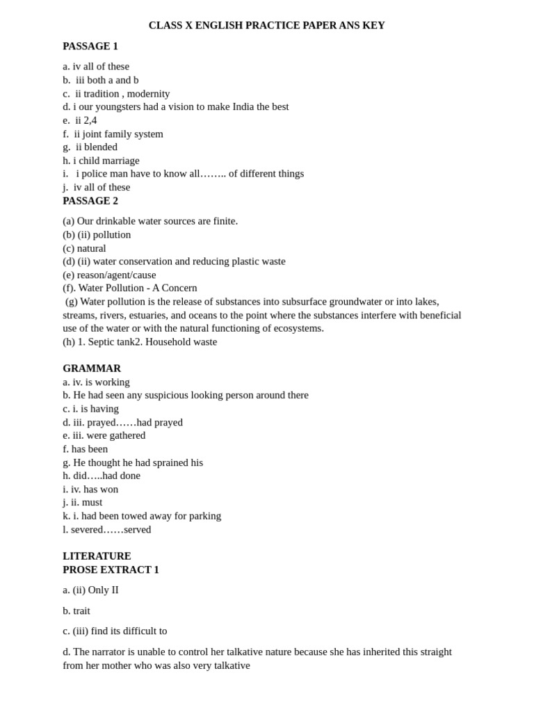 Class X English Practice Paper Answers | PDF