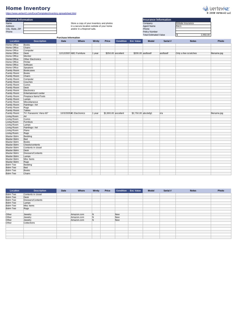Home Inventory Checklist Template | PDF | Desk | Office Equipment