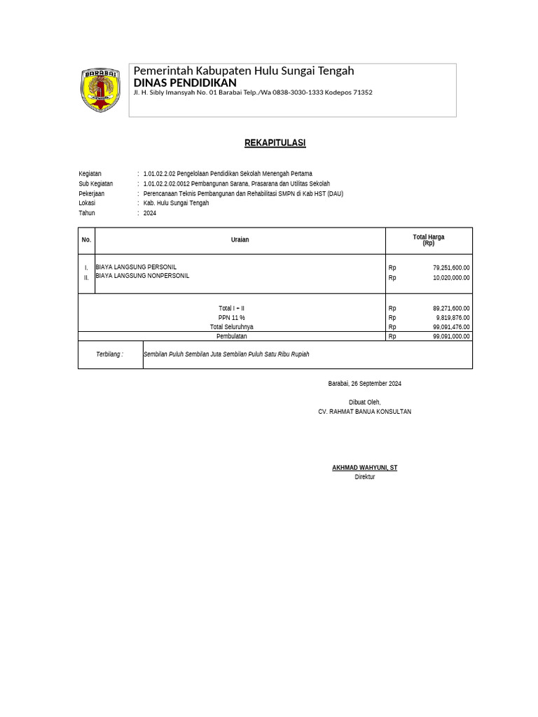 Rincian Biaya Pembangunan SMP HST 2024 | PDF