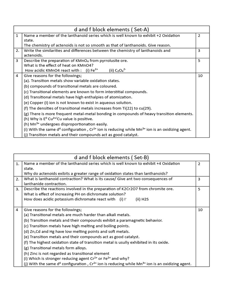 Class Test D Block and Coordination | PDF | Transition Metals | Lanthanide