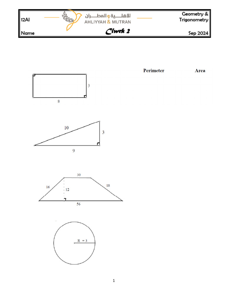 12AI-Clwrkk-2-Geometry & Trigonometry-Sep-2024 | PDF | Circle | Area