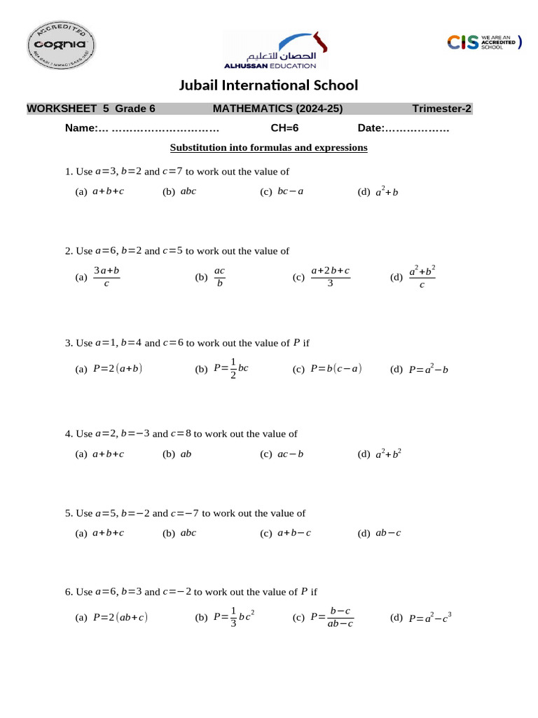 Grade 6 Math Worksheet on Substitution | PDF | Mathematics ...