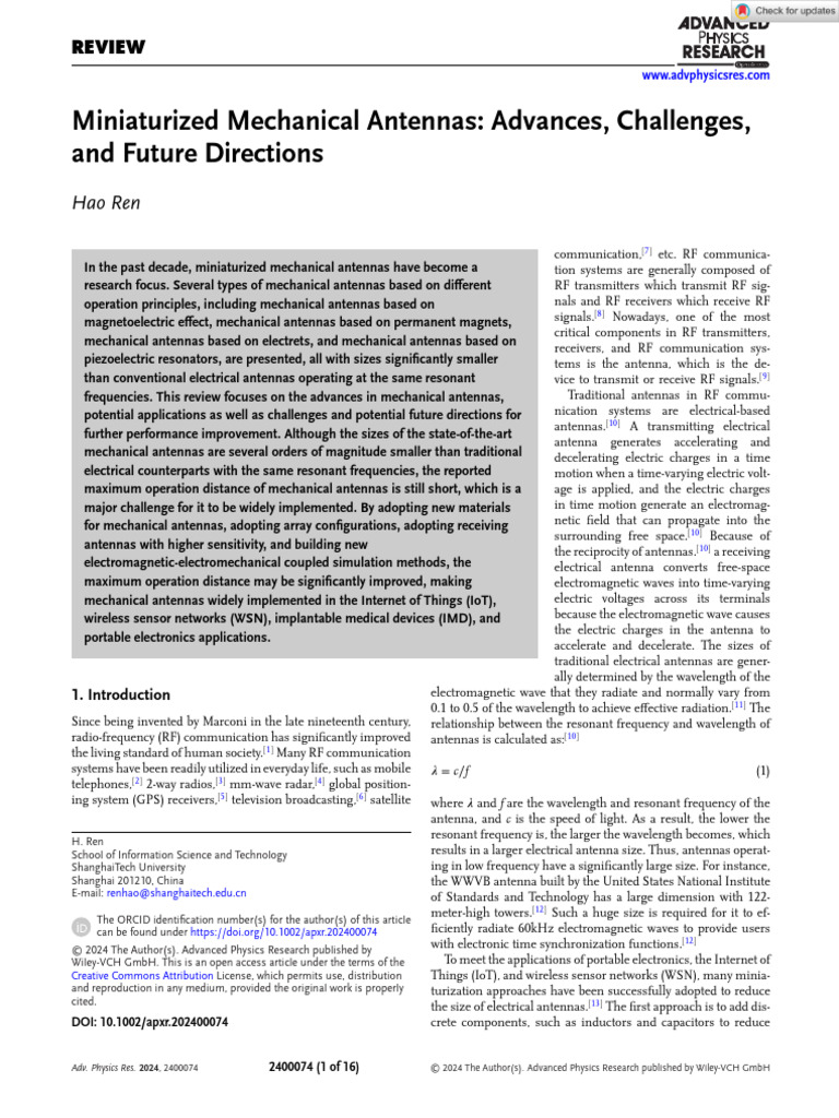 Advanced physics research 2024 ren miniaturized mechanical