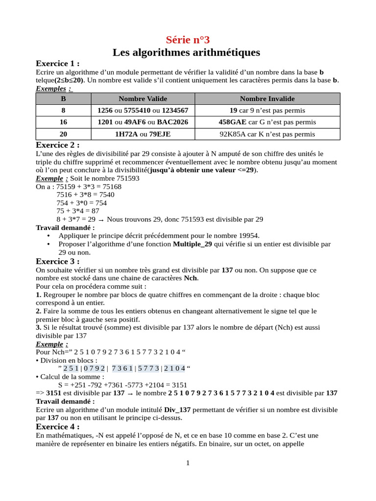Algorithmes arithmétiques et exercices | PDF | Nombre | Mathématiques