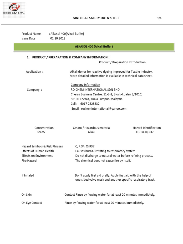 Alkasol 400: Safety and Composition Guide | PDF | Water | Fires