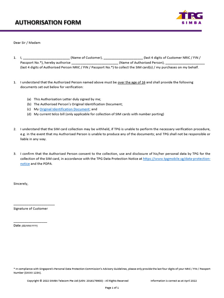 Simba SIM Card Authorisation Letter | PDF