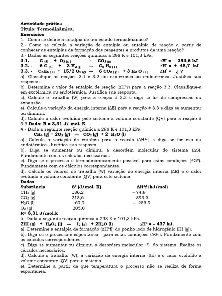 Actividade Prática Tema III | PDF | Entalpia | Reações químicas