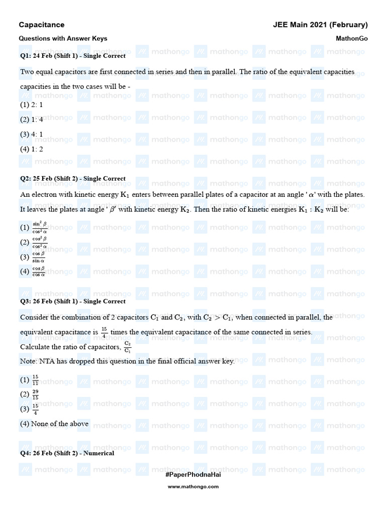 JEE Main 2021 Capacitance Q&A | PDF | Capacitance | Capacitor