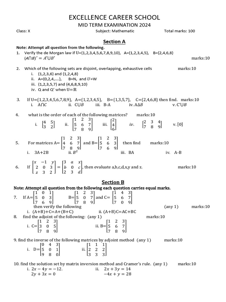 Matrices Exam for ICSE Class 10 | PDF | Mathematical Objects | Mathematics