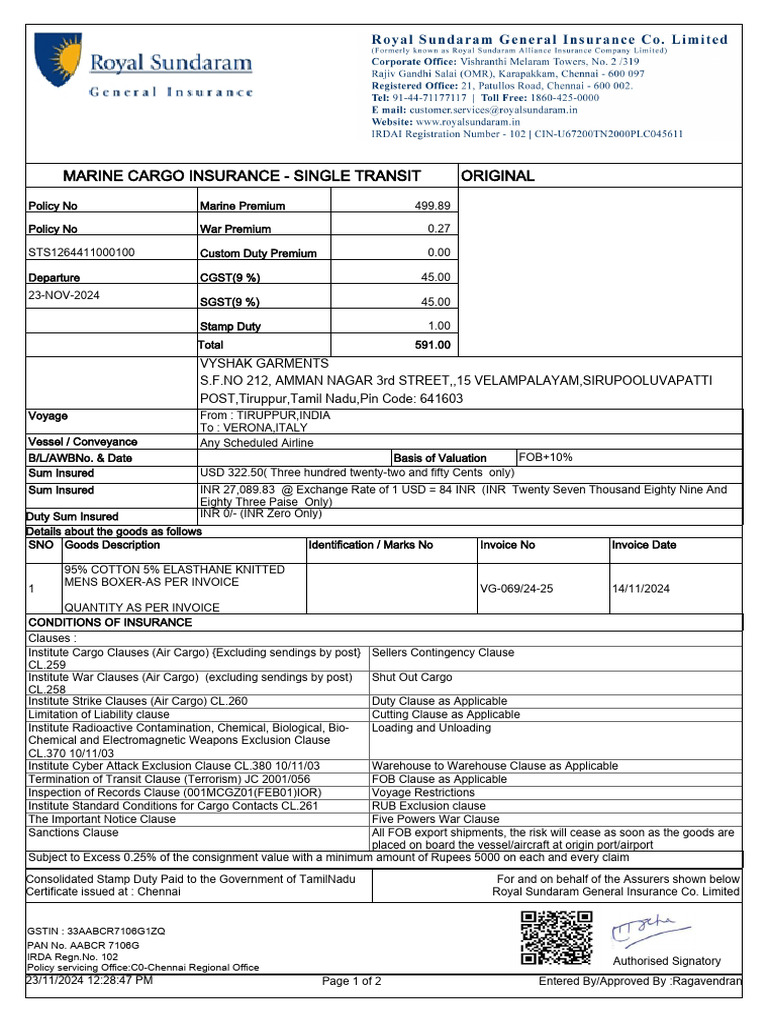 Marine Cargo Insurance Policy Details | PDF | Insurance