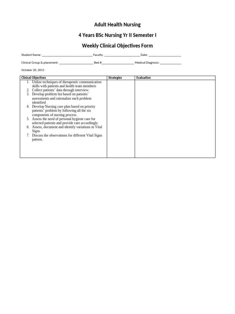 Clinical Objectives for Adult Health Nursing | PDF
