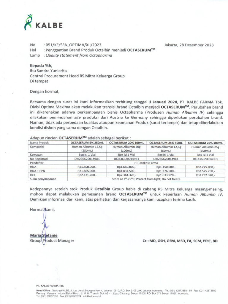 Surat Penggantian Brand Produk Octalbin Menjadi Octaserum | PDF