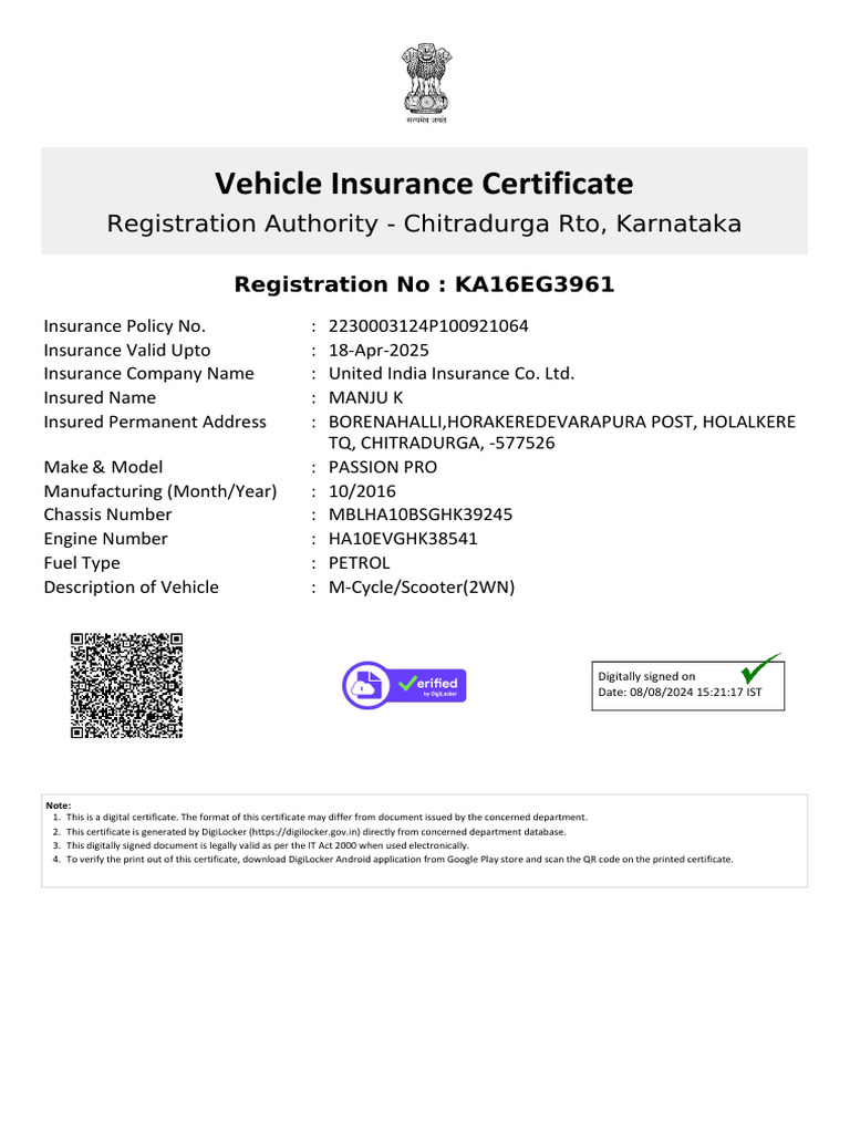 Chitradurga Vehicle Insurance Certificate | PDF