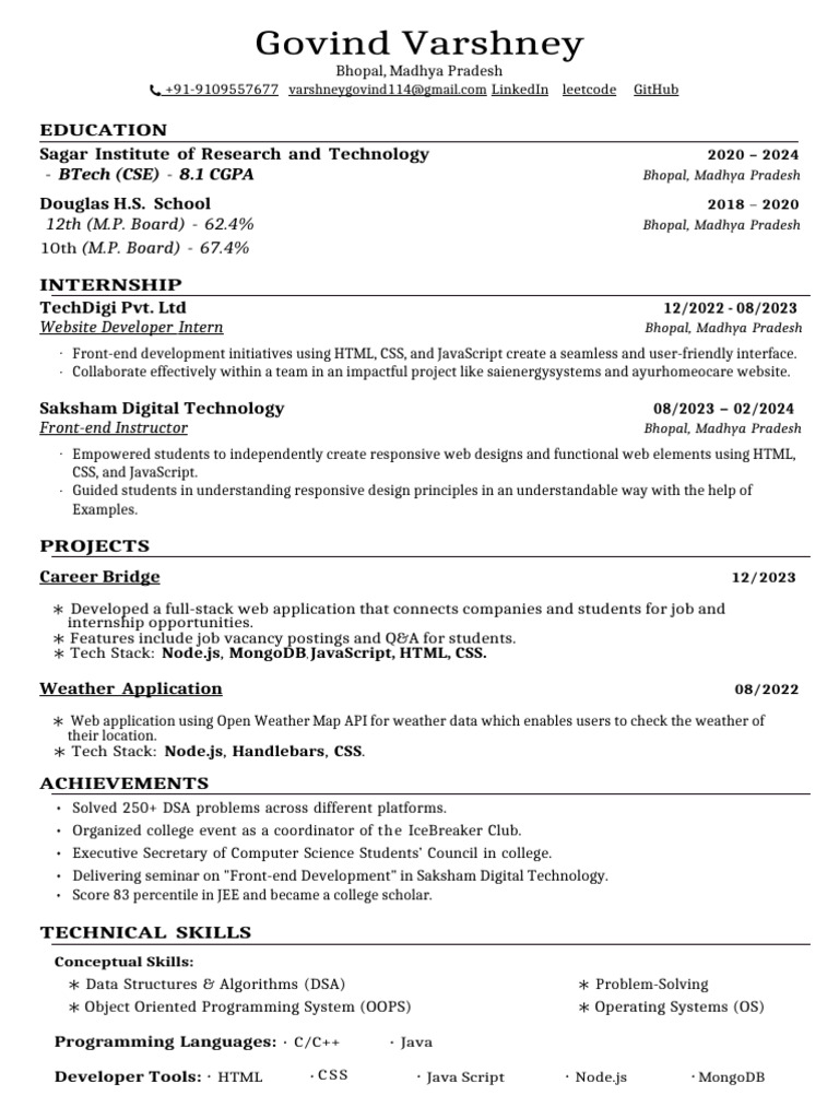 Bhopal Web Developer & Instructor Resume | PDF | Java Script | Systems ...