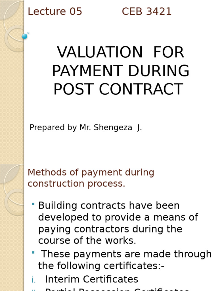 Valuation For Payment During Post Contract | PDF | Real Estate ...