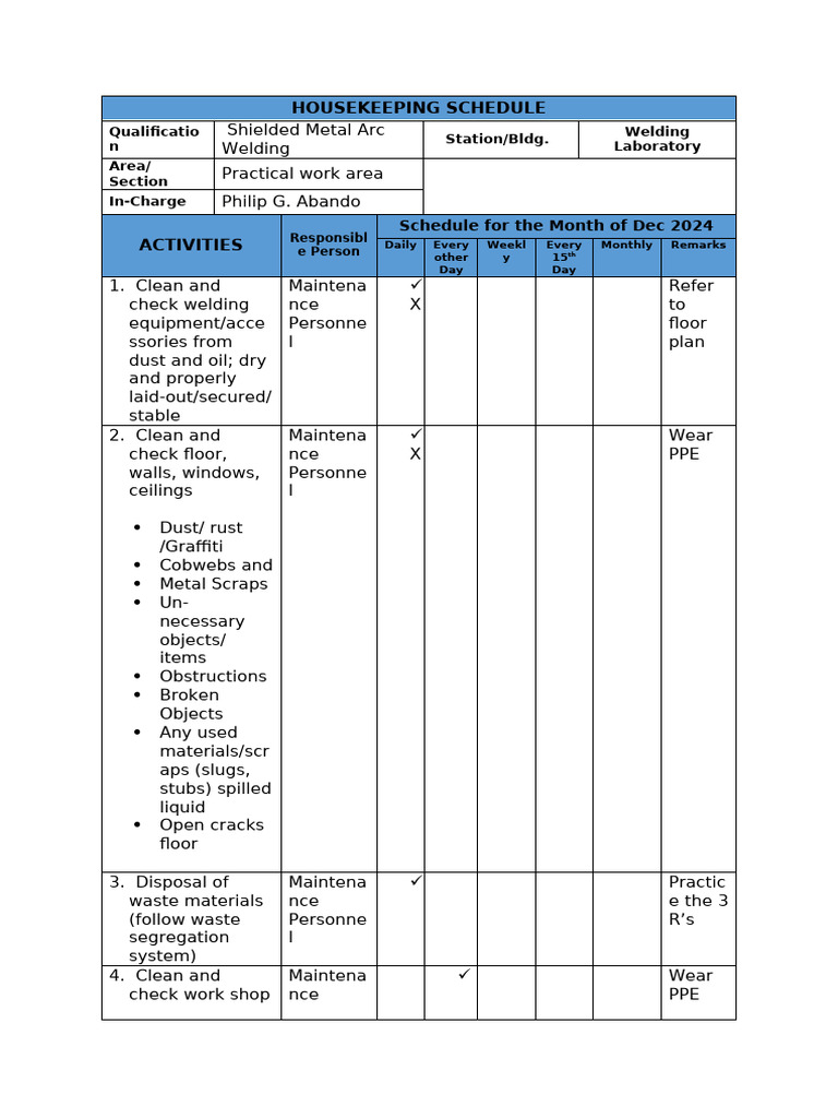 December 2024 Housekeeping Schedule | PDF | Housekeeping