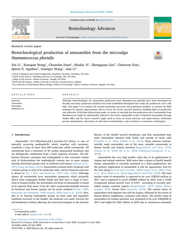 Biotechnological Production of Astaxanthin From The Microalga ...