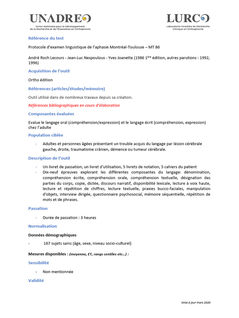 Protocole MT 86 pour l'évaluation de l'aphasie | PDF | Aphasie ...