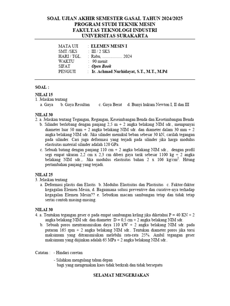 Soal Ujian Elemen Mesin I Uas Pdf