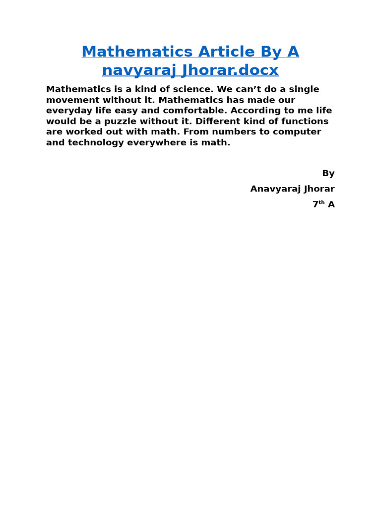 Mathematics Article by a Navyaraj Jhorar | PDF