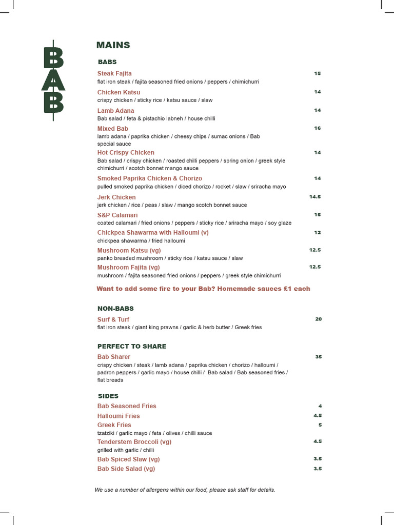 Delicious Bab Menu with Sides | PDF | Sauce | French Fries