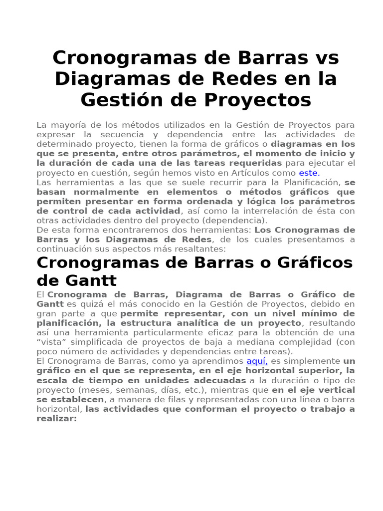 Cronogramas de Barras Vs Diagramas de Redes en La Gestión de Proyectos ...