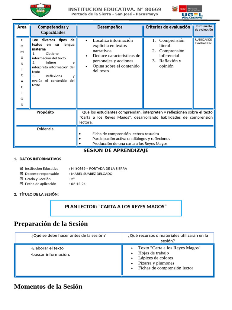 Sesion Plan Lector Carta A Los Reyes Magos | PDF | Ciencia cognitiva ...