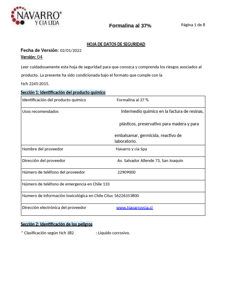 Hoja de Seguridad de Formalina 37% | PDF | Formaldehído | Agua