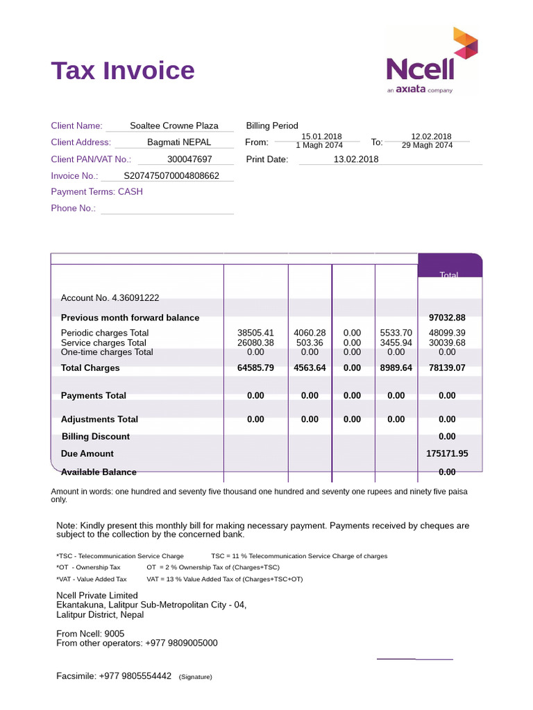 Tax Invoice: Client Name: Client Address: Client PAN/VAT No.: Invoice ...